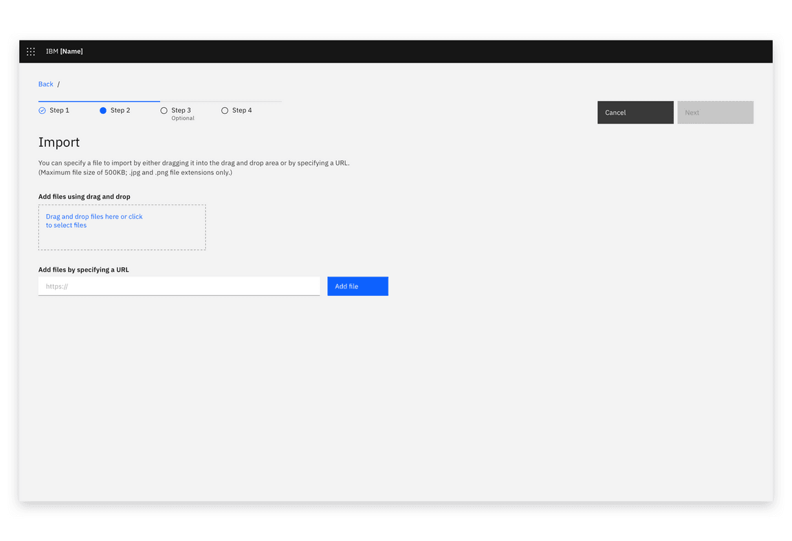Example of an import dialog in a full page view Example of an import dialog in a full page view