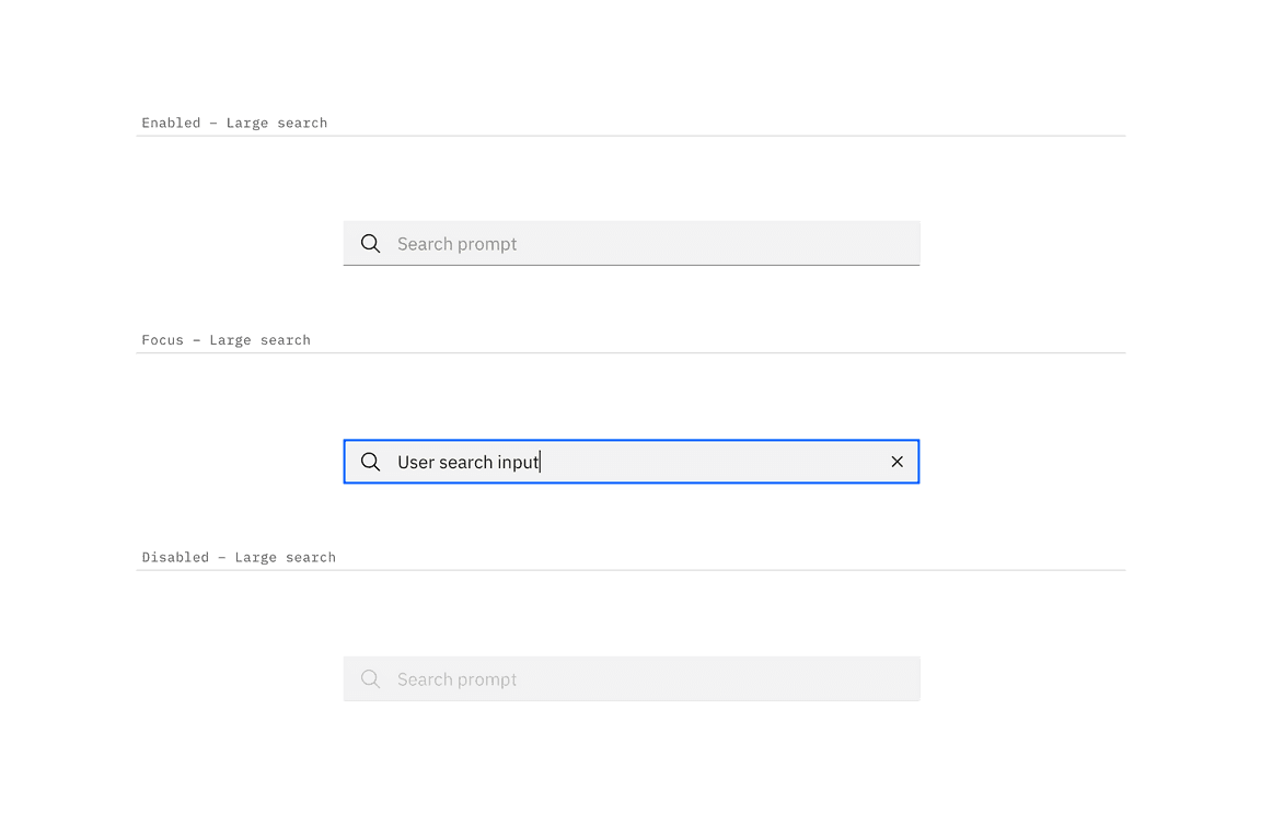 Enabled, focus, and disabled search states Enabled, focus, and disabled search states